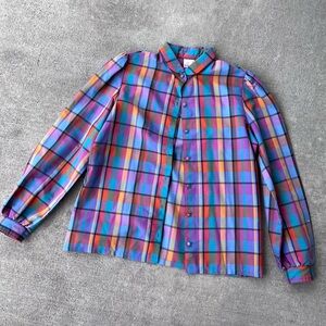 Vintage 90s wrangler patchwork color block rainbow checkered button down puff